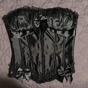 Sleek Black Satin Corset with Lace Trim